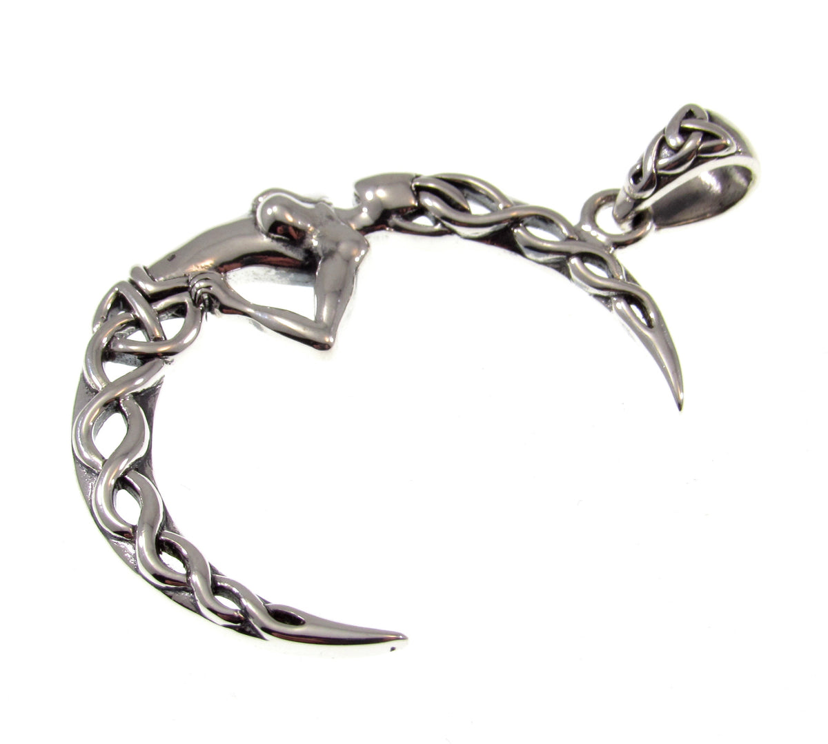 Solid 925 Sterling Silver Celtic Moon Goddess Pendant, Pagan Crescent Moon Amulet, Celestial Jewelry