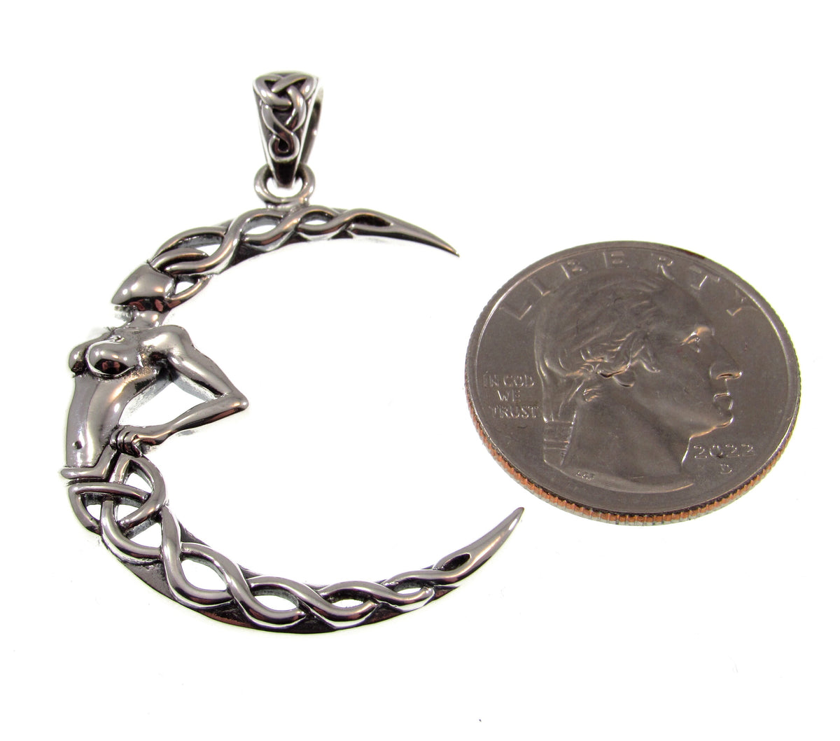 Solid 925 Sterling Silver Celtic Moon Goddess Pendant, Pagan Crescent Moon Amulet, Celestial Jewelry