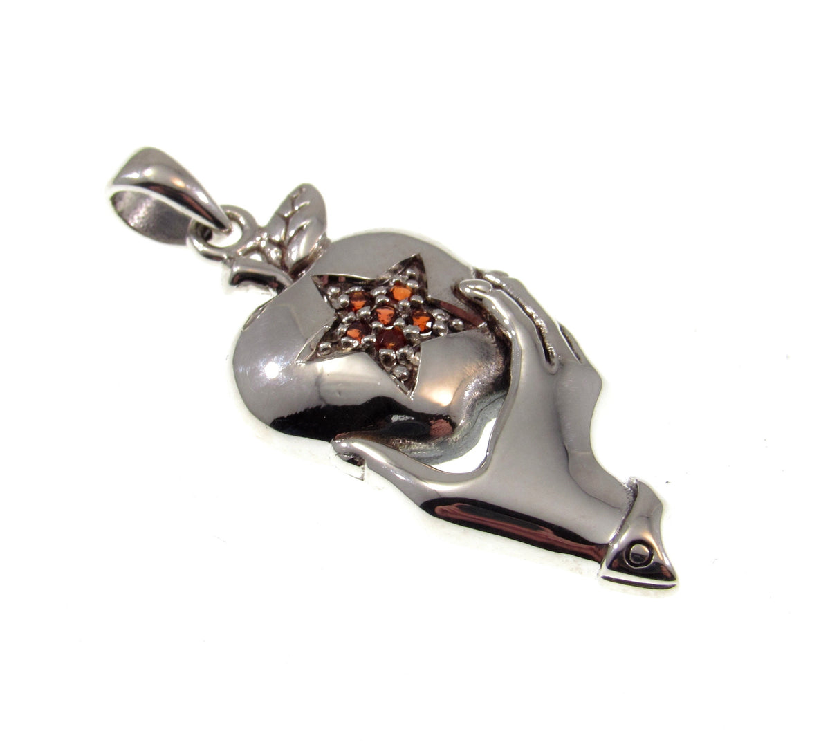 Solid 925 Sterling Silver Apple Pentacle Pendant w/ Garnet Stone Pagan Talisman, Gothic Jewelry