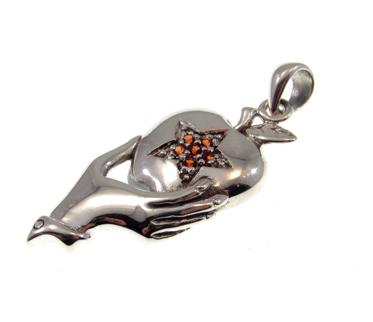 Solid 925 Sterling Silver Apple Pentacle Pendant w/ Garnet Stone Pagan Talisman, Gothic Jewelry