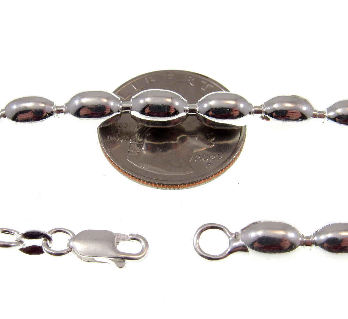 6MM Solid 925 Sterling Silver Italian Oval Rice Bead DOGTAG Military Chain, Unisex Bracelet or Necklace, Made in Italy, 9 - 24 Inches
