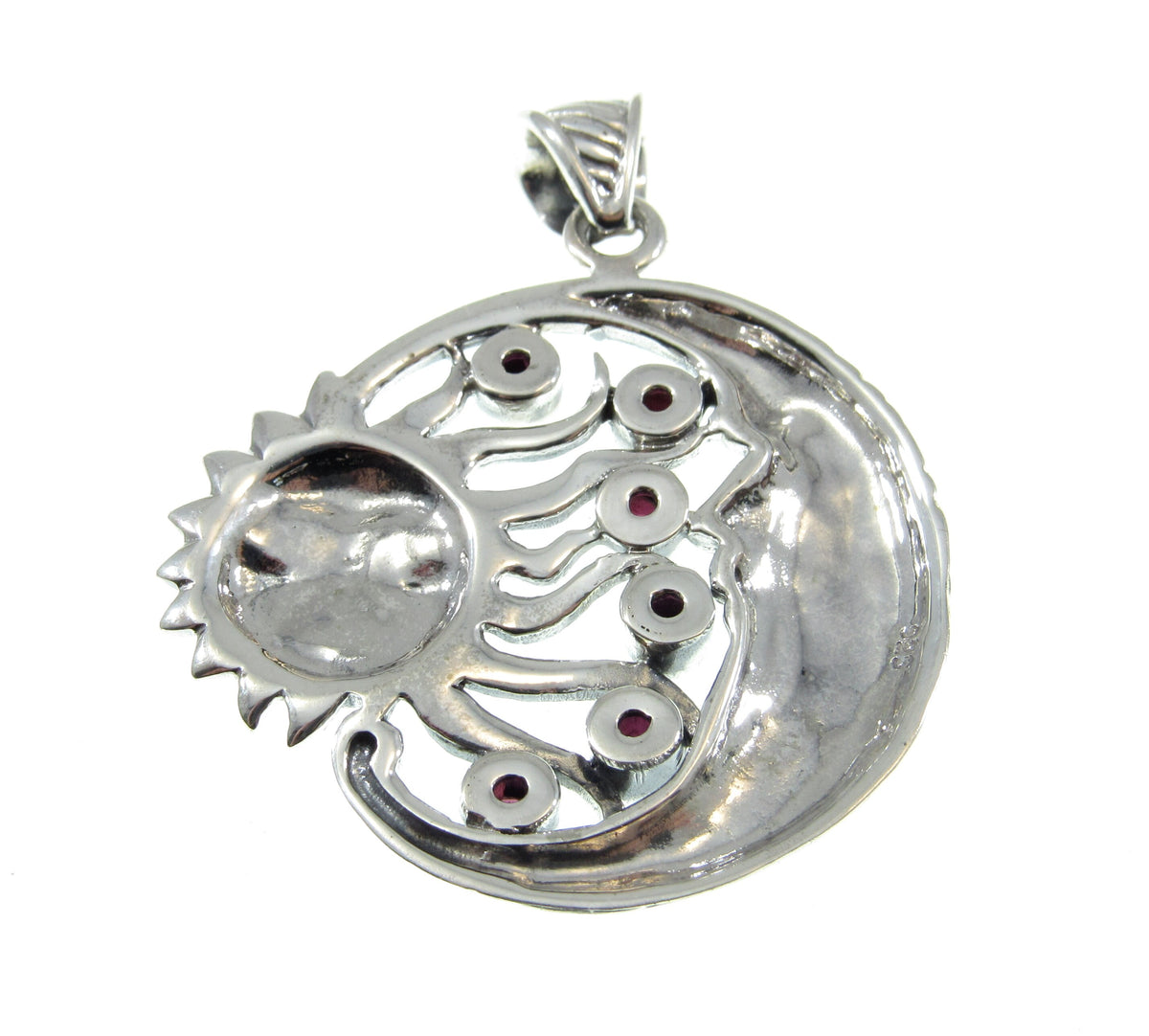 Solid 925 Sterling Silver Sun & Moon Garnet Pendant, Celestial Arcane Amulet, Cosmic Witch Jewelry