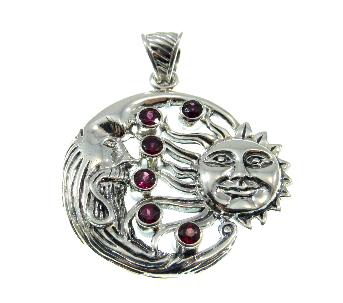 Solid 925 Sterling Silver Sun & Moon Garnet Pendant, Celestial Arcane Amulet, Cosmic Witch Jewelry