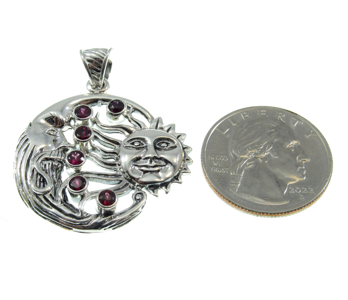 Solid 925 Sterling Silver Sun & Moon Garnet Pendant, Celestial Arcane Amulet, Cosmic Witch Jewelry