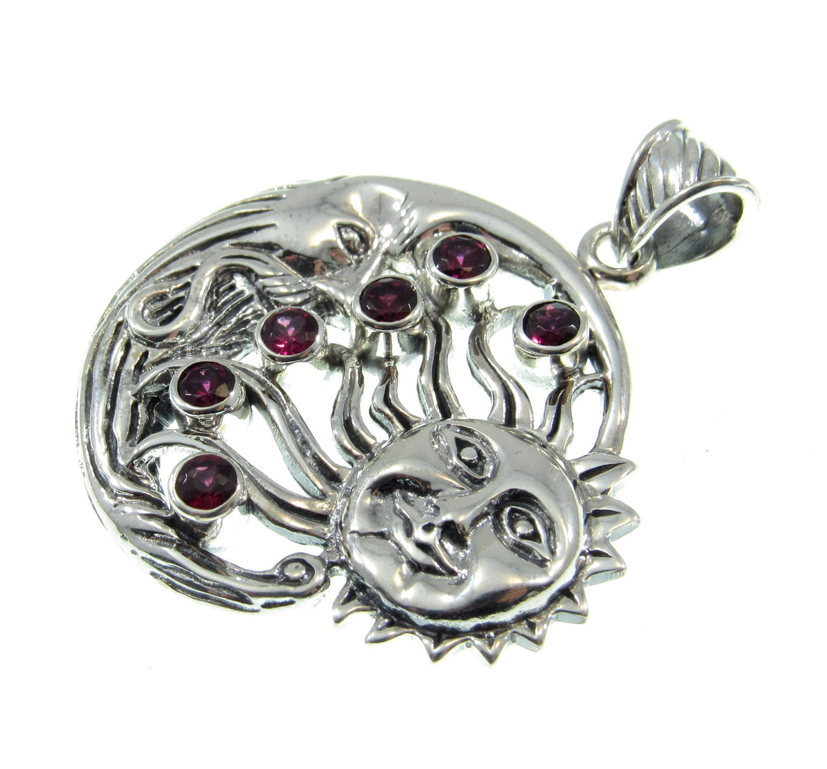 Solid 925 Sterling Silver Sun & Moon Garnet Pendant, Celestial Arcane Amulet, Cosmic Witch Jewelry