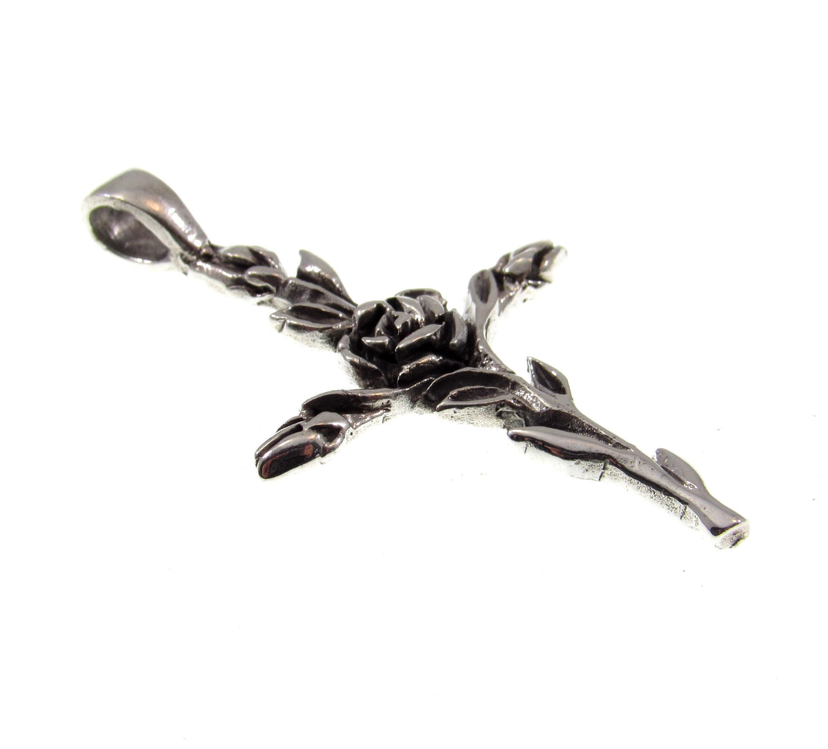 Solid 925 Sterling Silver Rose Cross Slide Pendant - Floral Crucifix Necklace Charm, Christian Faith Jewelry, Religious Gift for Women