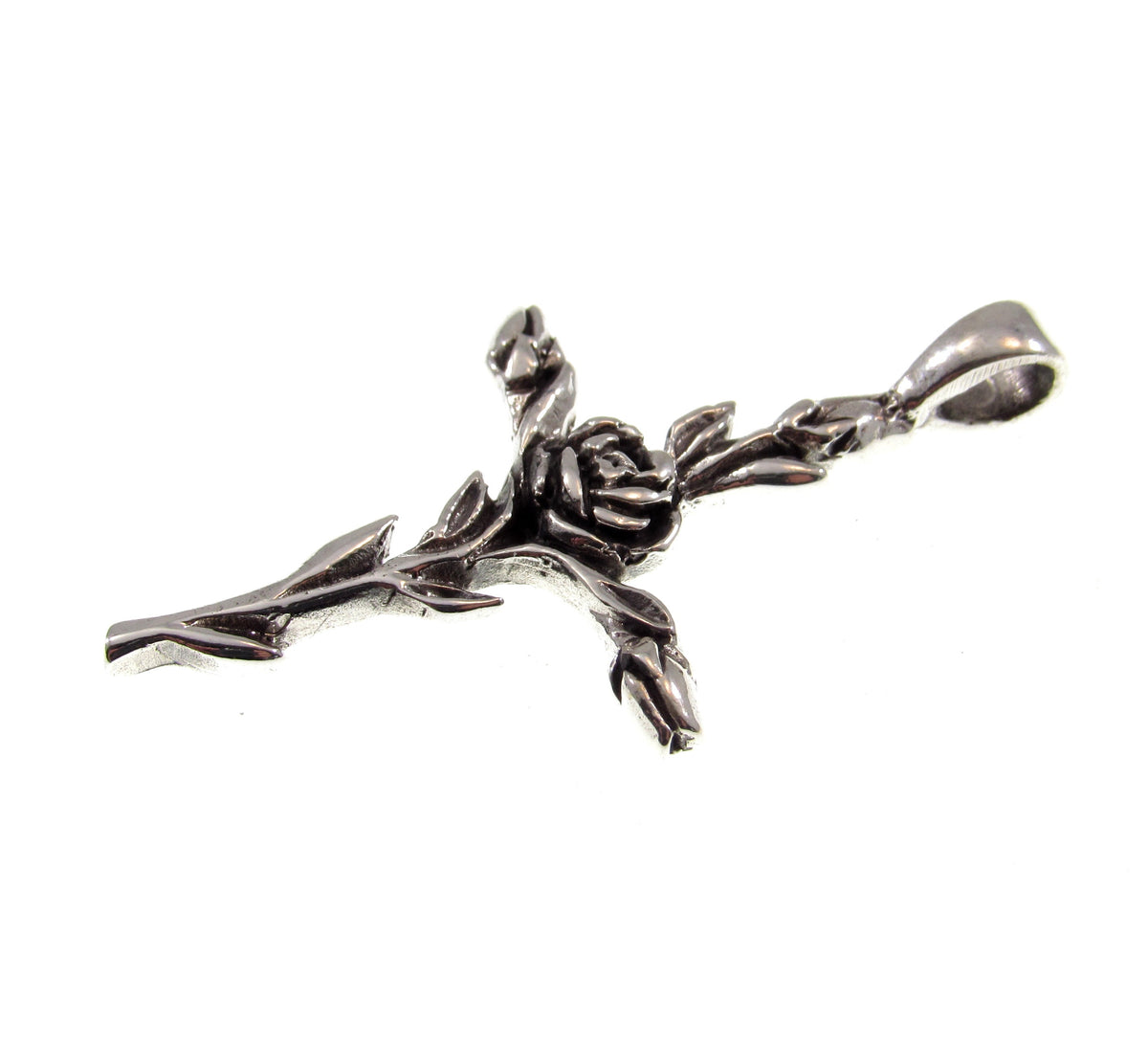 Solid 925 Sterling Silver Rose Cross Slide Pendant - Floral Crucifix Necklace Charm, Christian Faith Jewelry, Religious Gift for Women