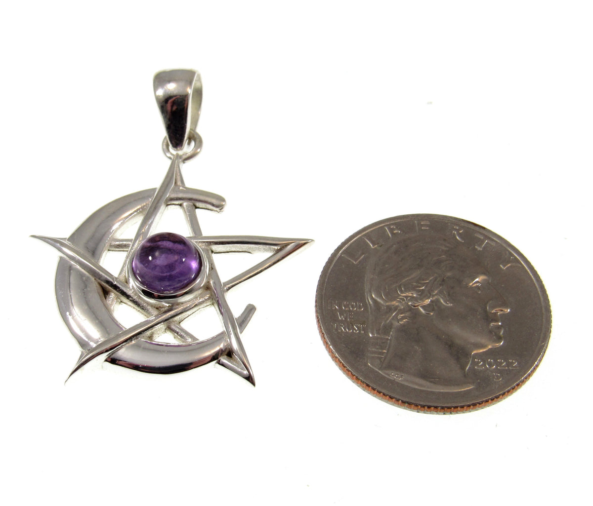 Solid 925 Sterling Silver Pentacle Moon Pendant – Amethyst, Moonstone or Onyx – Pagan Protection Symbol