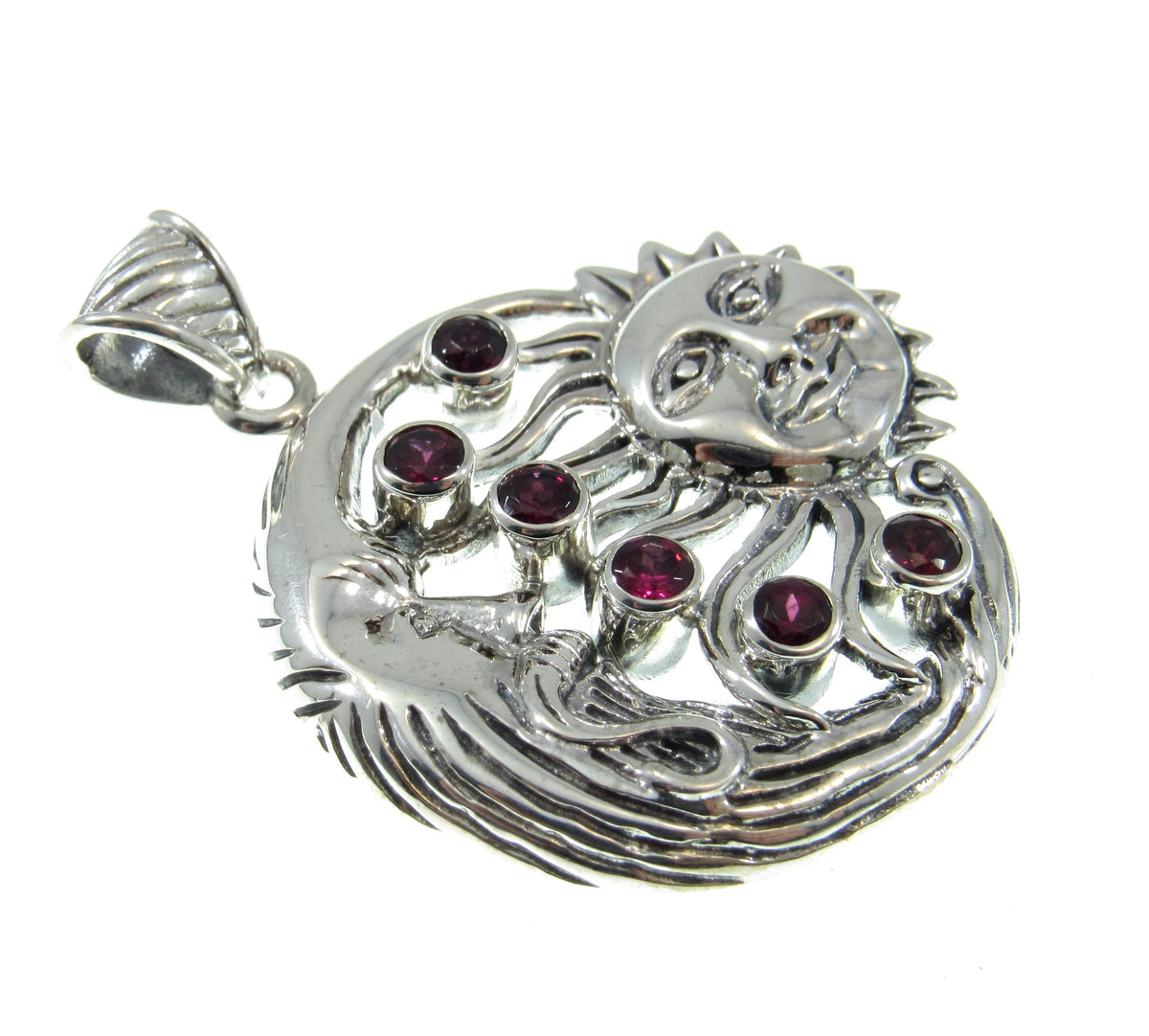 Solid 925 Sterling Silver Sun & Moon Garnet Pendant, Celestial Arcane Amulet, Cosmic Witch Jewelry