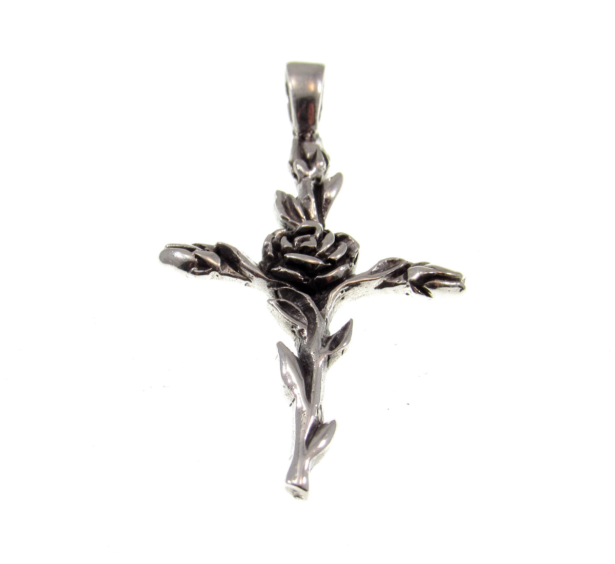 Solid 925 Sterling Silver Rose Cross Slide Pendant - Floral Crucifix Necklace Charm, Christian Faith Jewelry, Religious Gift for Women