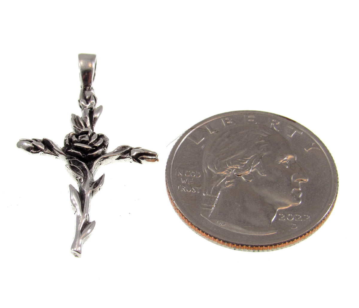 Solid 925 Sterling Silver Rose Cross Slide Pendant - Floral Crucifix Necklace Charm, Christian Faith Jewelry, Religious Gift for Women