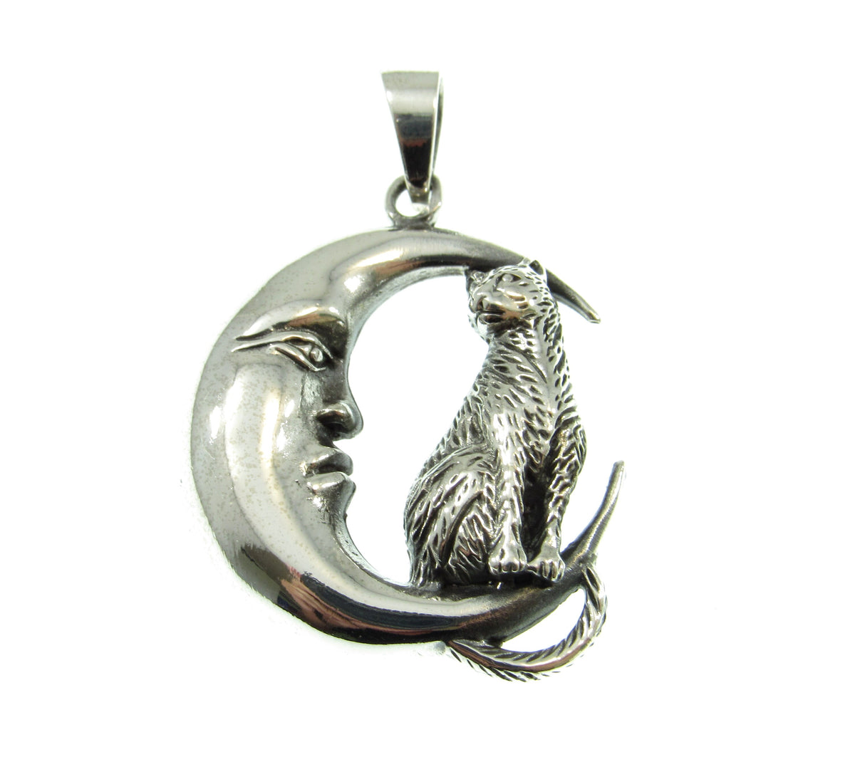 Solid 925 Sterling Silver Cat Familiar on Crescent Moon Pendant, Pagan Amulet, Witchy Jewelry