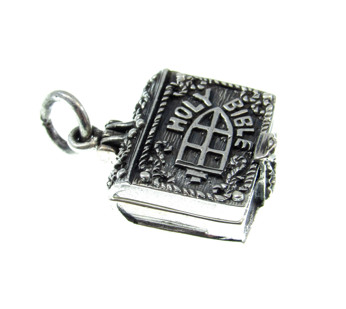 Handcrafted Solid 925 Sterling Silver 3D 3 Dimensional Hinged Holy Bible & Angel Praying Over Baby Jesus Locket Pendant, Opens