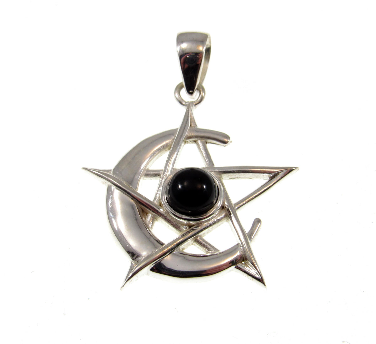 Solid 925 Sterling Silver Pentacle Moon Pendant – Amethyst, Moonstone or Onyx – Pagan Protection Symbol