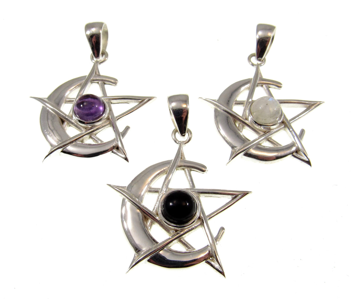 Solid 925 Sterling Silver Pentacle Moon Pendant – Amethyst, Moonstone or Onyx – Pagan Protection Symbol