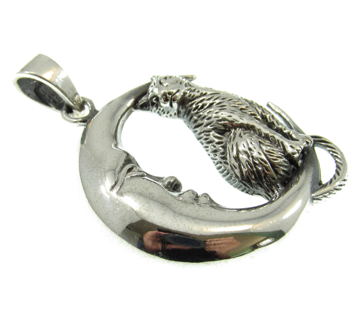 Solid 925 Sterling Silver Cat Familiar on Crescent Moon Pendant, Pagan Amulet, Witchy Jewelry