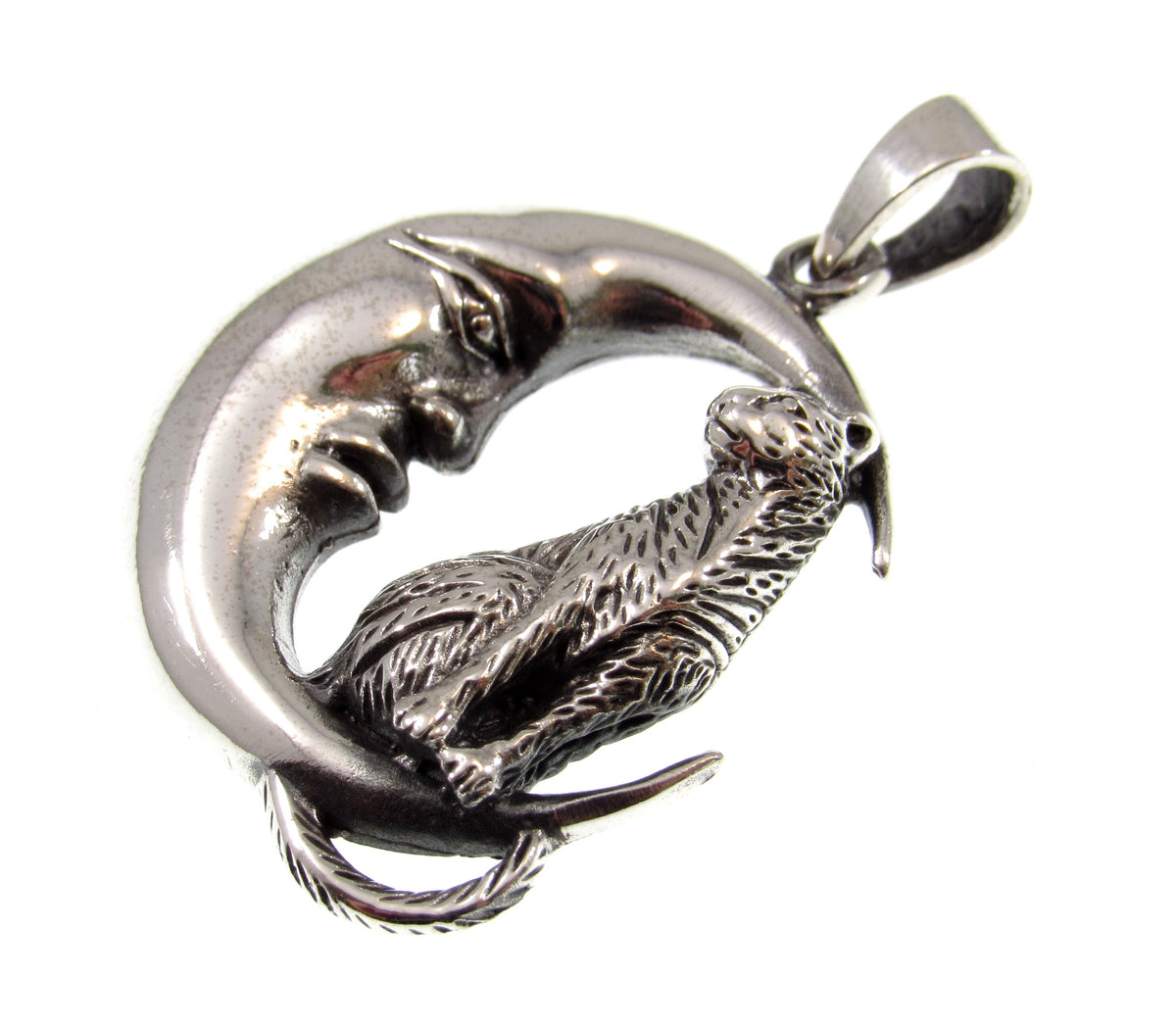 Solid 925 Sterling Silver Cat Familiar on Crescent Moon Pendant, Pagan Amulet, Witchy Jewelry