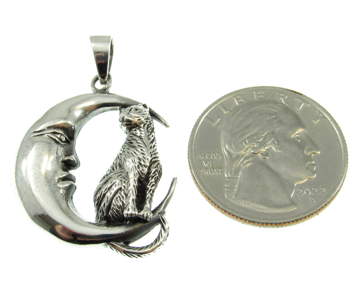 Solid 925 Sterling Silver Cat Familiar on Crescent Moon Pendant, Pagan Amulet, Witchy Jewelry