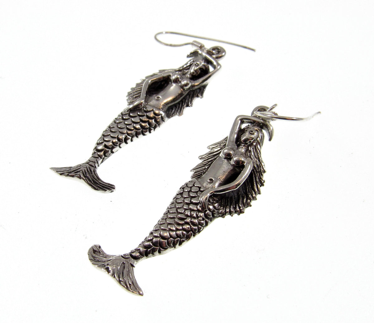 Solid 925 Sterling Silver Mermaid Earrings – Nautical Ocean Jewelry for Women, Handcrafted Sea Siren Drop / Dangle / Hook Earrings
