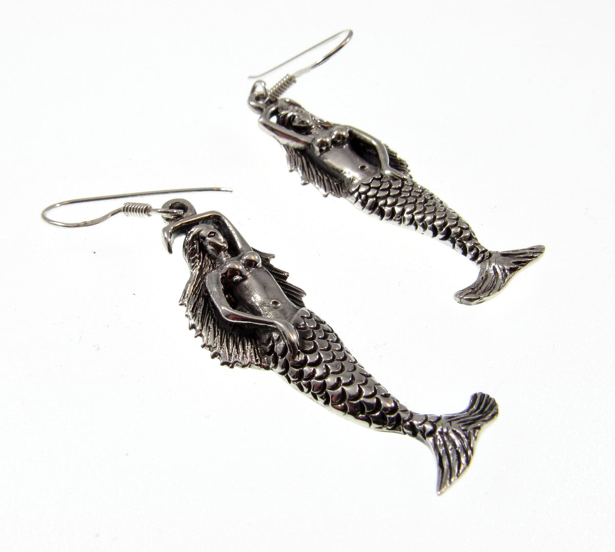Solid 925 Sterling Silver Mermaid Earrings – Nautical Ocean Jewelry for Women, Handcrafted Sea Siren Drop / Dangle / Hook Earrings