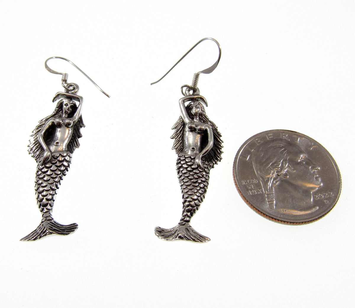 Solid 925 Sterling Silver Mermaid Earrings – Nautical Ocean Jewelry for Women, Handcrafted Sea Siren Drop / Dangle / Hook Earrings