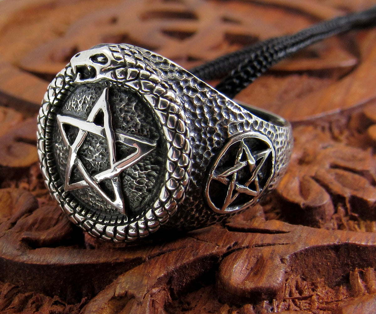 Solid 925 Sterling Silver Men's Ouroboros Pentacle Pentagram Ring, Handcrafted Signet Ring Pendant on Nylon Cord, Sizes 10-14