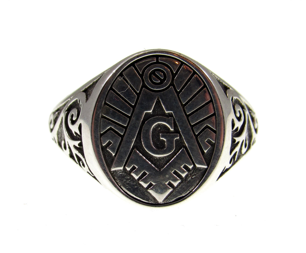 Solid 925 Sterling Silver Men's Freemason Ring, Handcrafted Square & Compasses Masonic Signet Ring Pendant on Nylon Cord, Sizes 10-14
