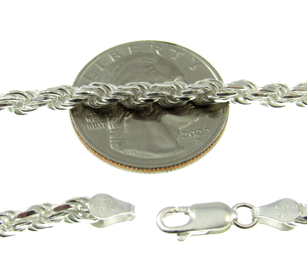 4MM Solid 925 Sterling Silver Italian Diamond Cut Rope Chain, Bracelet or Necklace, Made in Italy, 7 8 9 16 18 20 22 24 26 28 30 34" Inches