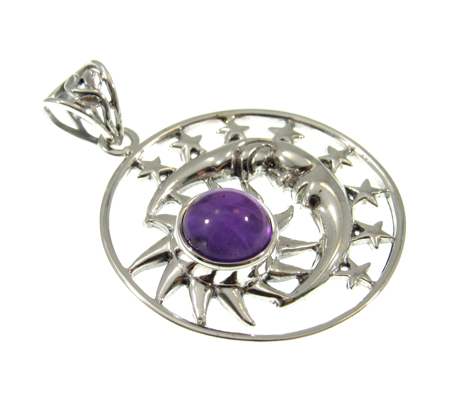 Solid 925 Sterling Silver Sun Moon Face & Stars Pendant with Amethyst, Labradorite, or Moonstone