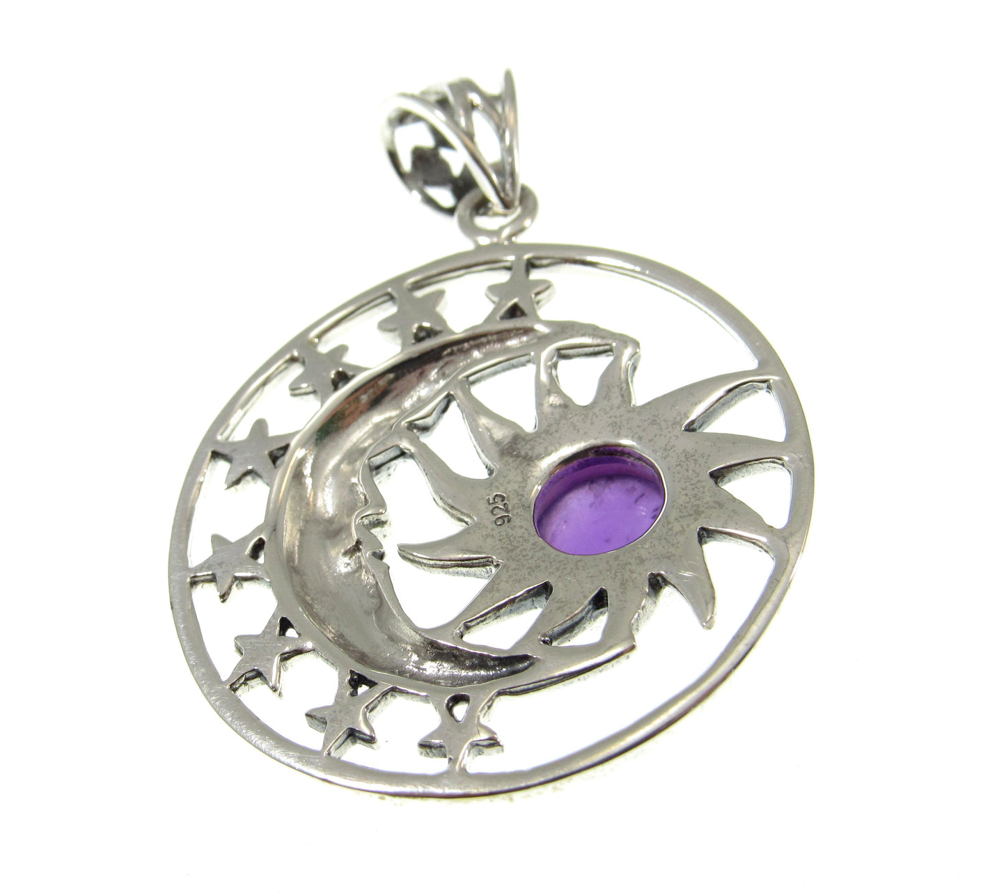 Solid 925 Sterling Silver Sun Moon Face & Stars Pendant with Amethyst, Labradorite, or Moonstone