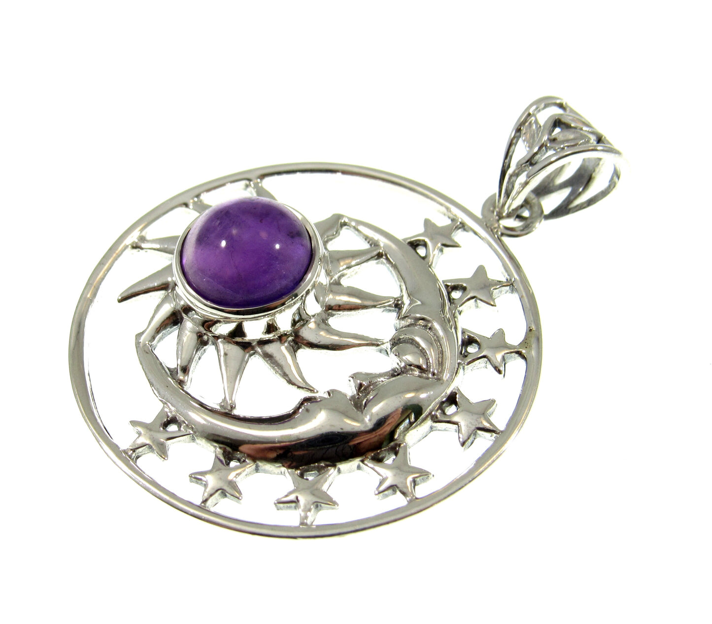 Solid 925 Sterling Silver Sun Moon Face & Stars Pendant with Amethyst, Labradorite, or Moonstone