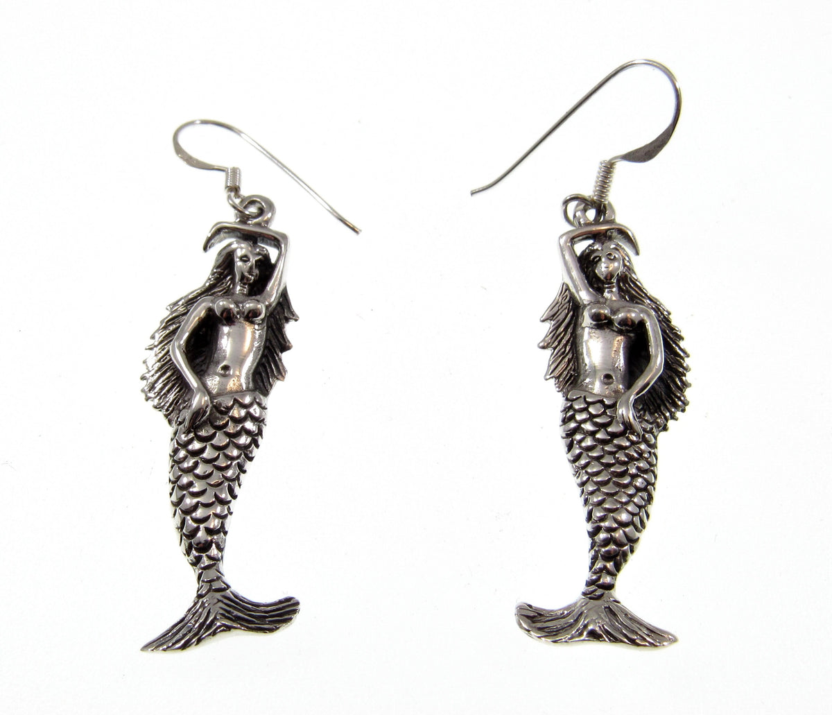 Solid 925 Sterling Silver Mermaid Earrings – Nautical Ocean Jewelry for Women, Handcrafted Sea Siren Drop / Dangle / Hook Earrings