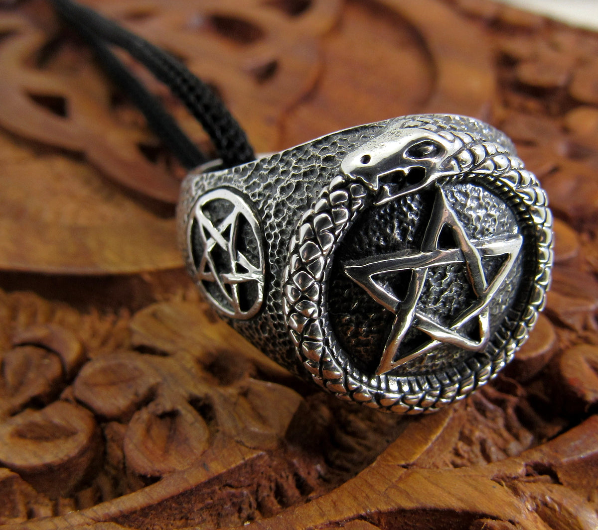Solid 925 Sterling Silver Men's Ouroboros Pentacle Pentagram Ring, Handcrafted Signet Ring Pendant on Nylon Cord, Sizes 10-14