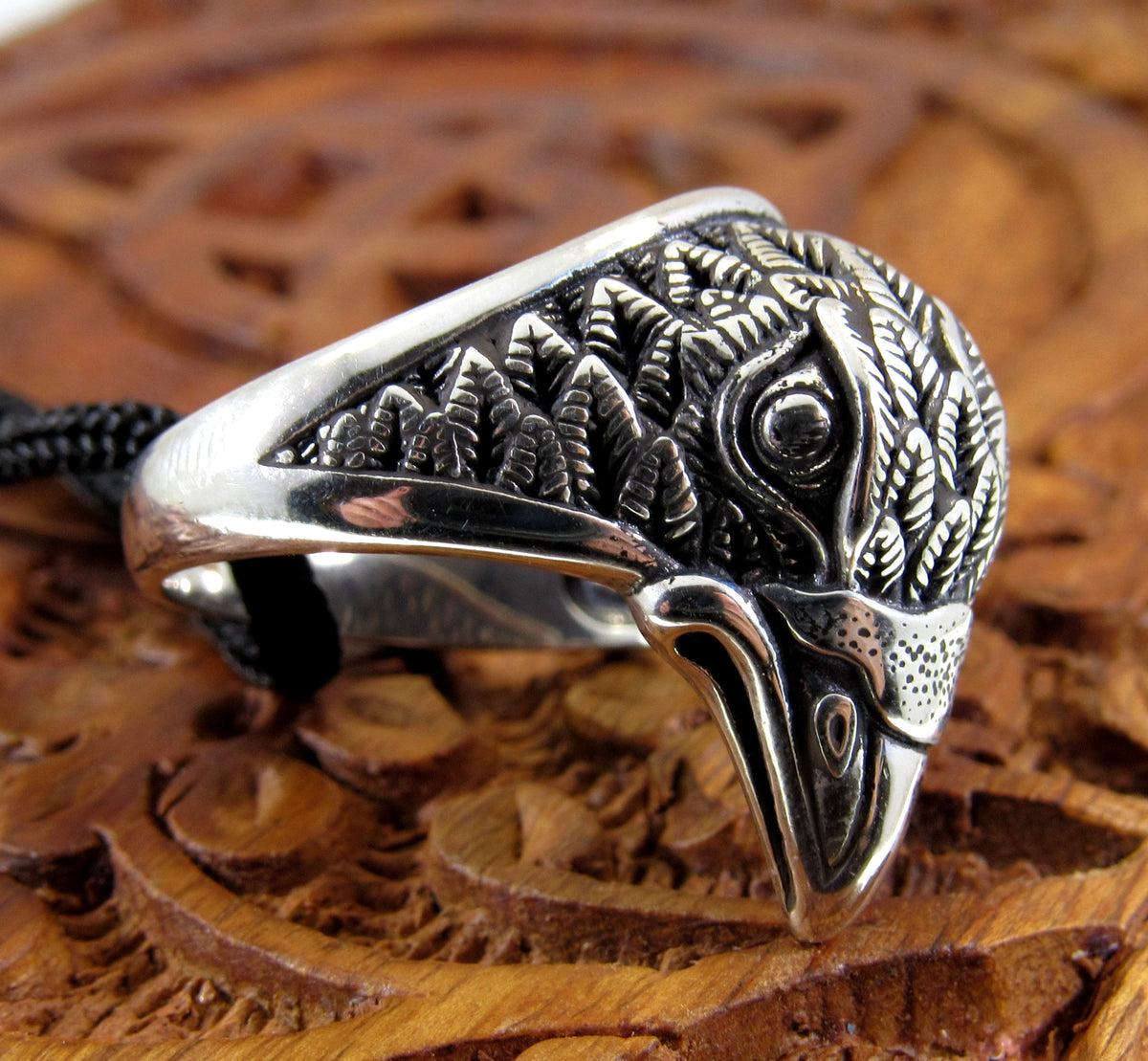 Solid 925 Sterling Silver Men's & Women's Heraldic Eagle Head Ring, Handcrafted Signet Ring Pendant on Nylon Cord, Sizes 6-13