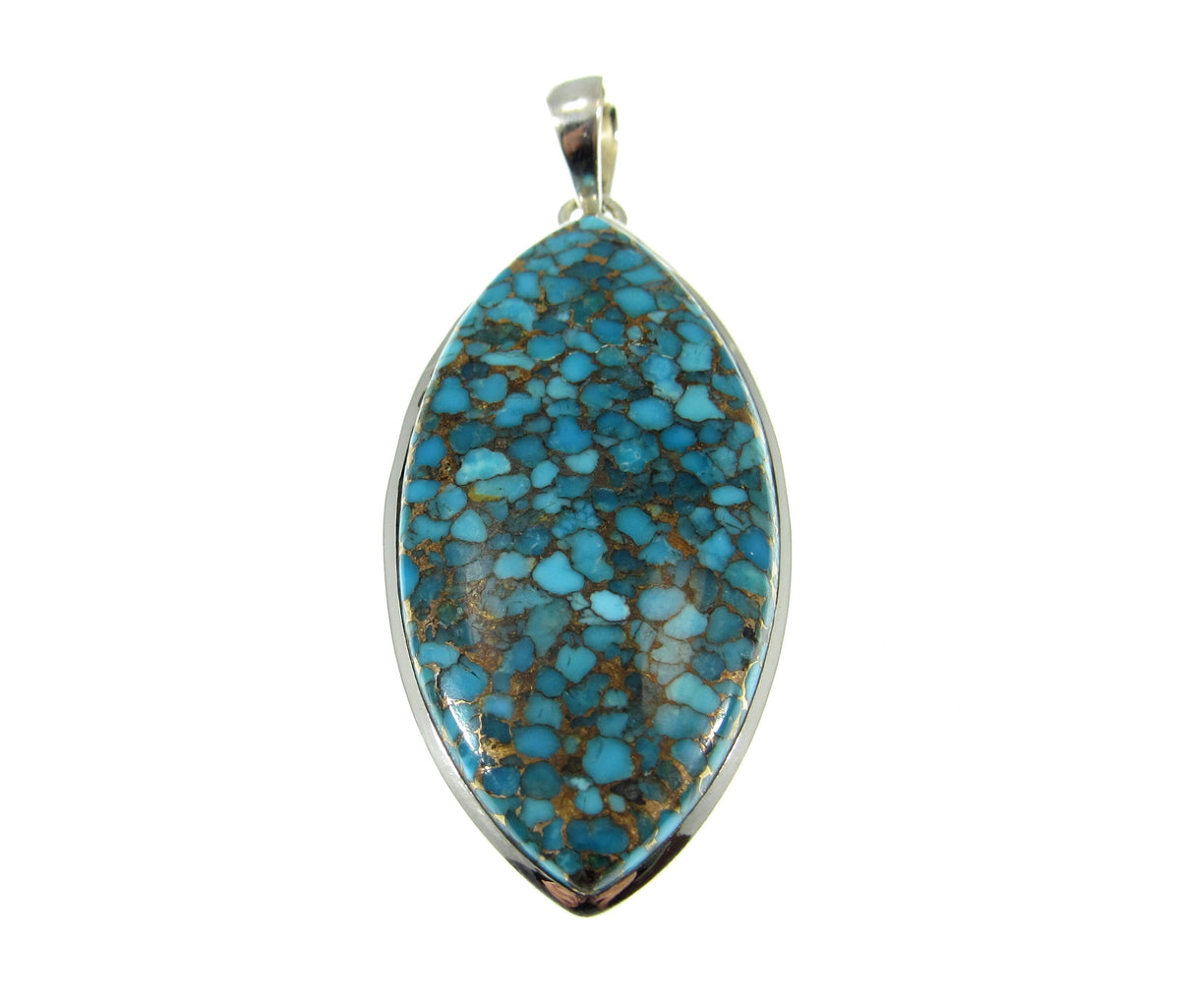 Large Solid 925 Sterling Silver Copper Turquoise Football Shaped Pendant, Handcrafted Gemstone Jewelry CT01
