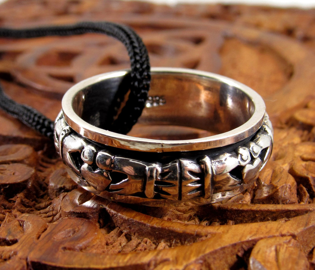 Solid 925 Sterling Silver Men's Celtic Claddagh Spin Band Ring, Handcrafted Irish Heart & Hands Fidget Pendant on Nylon Cord, Sizes 10-14