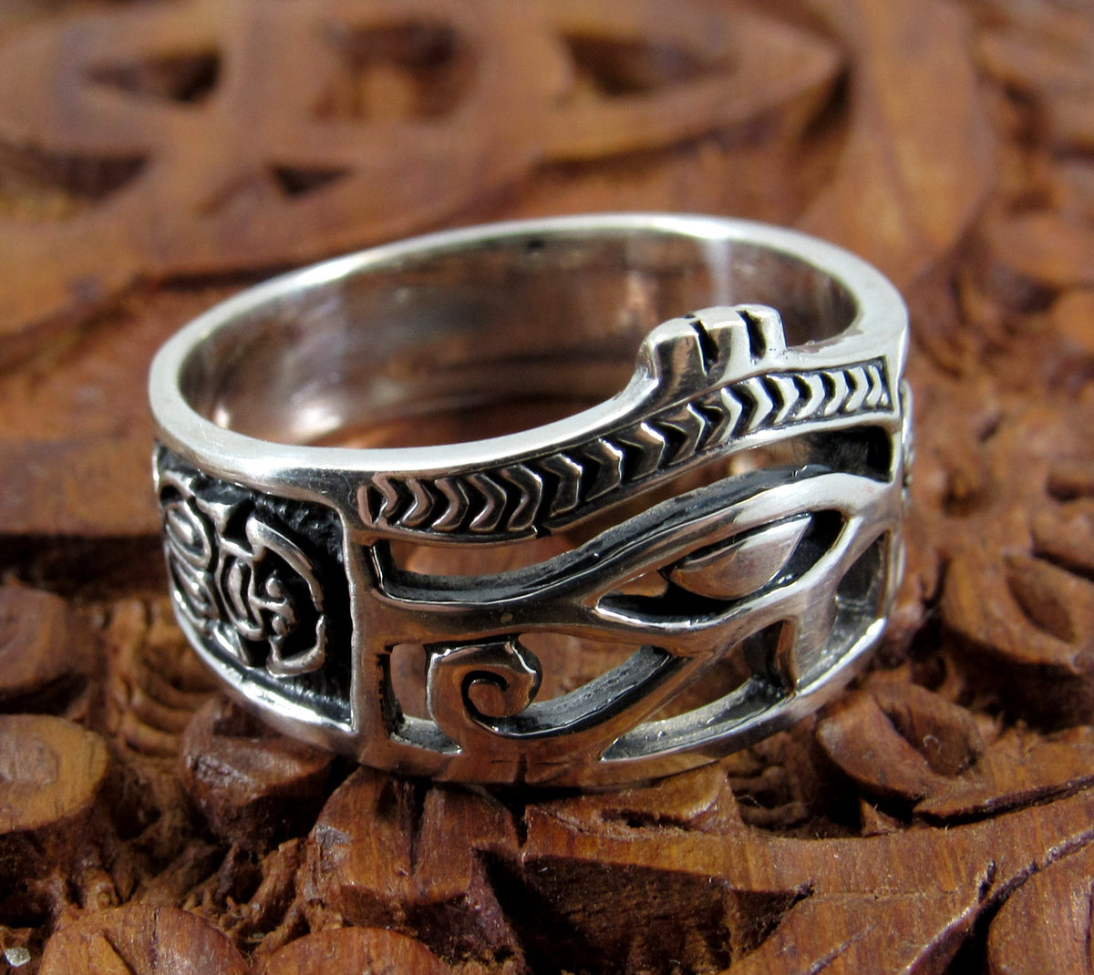 Solid 925 Sterling Silver Men's Eye of RA Ring, Handcrafted Egyptian Ankh & Scorpion Symbols Pendant on Nylon Cord, Sizes 10-14