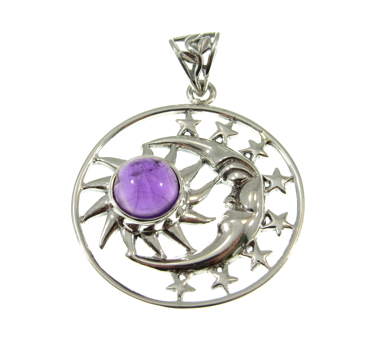 Solid 925 Sterling Silver Sun Moon Face & Stars Pendant with Amethyst, Labradorite, or Moonstone