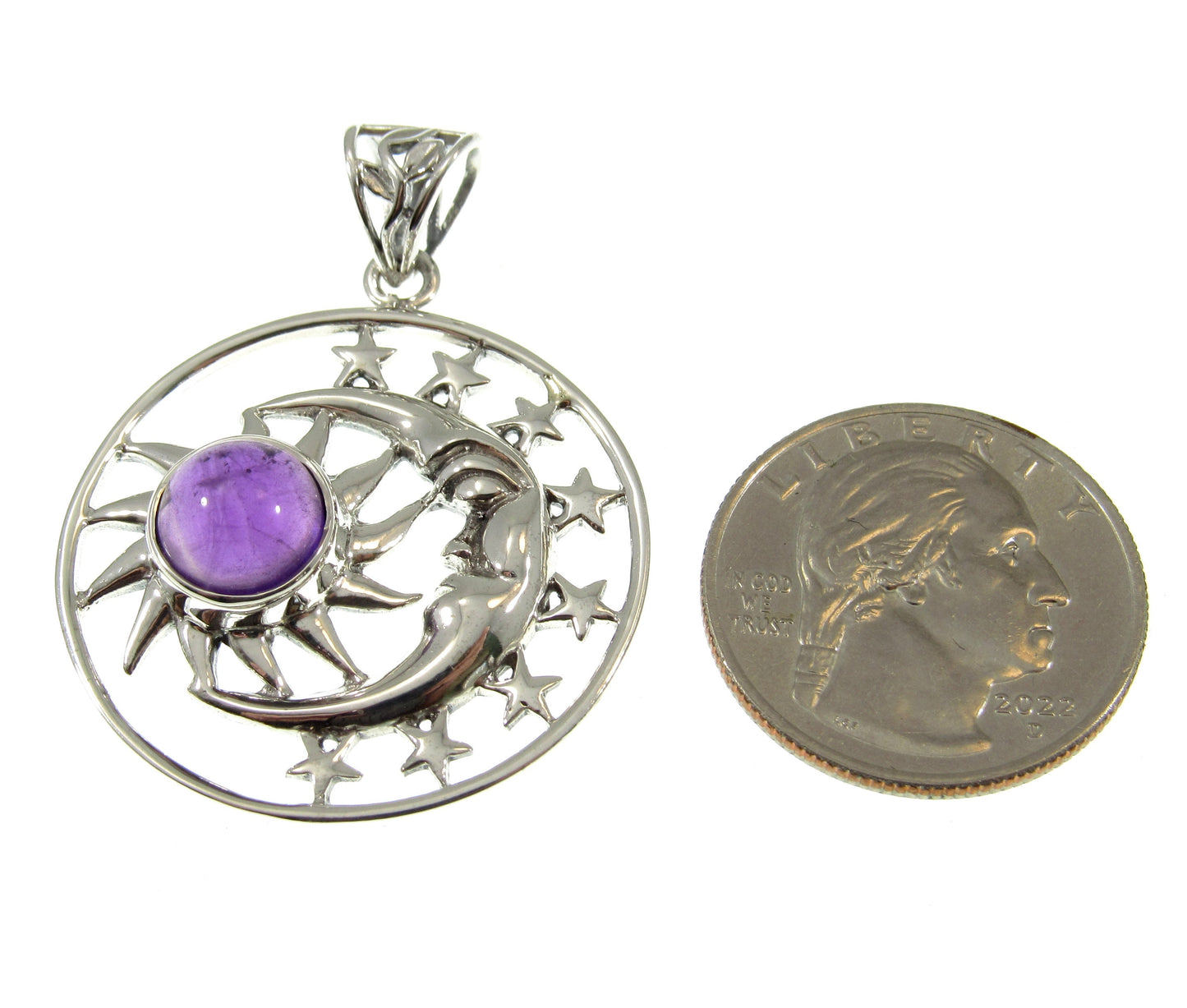 Solid 925 Sterling Silver Sun Moon Face & Stars Pendant with Amethyst, Labradorite, or Moonstone