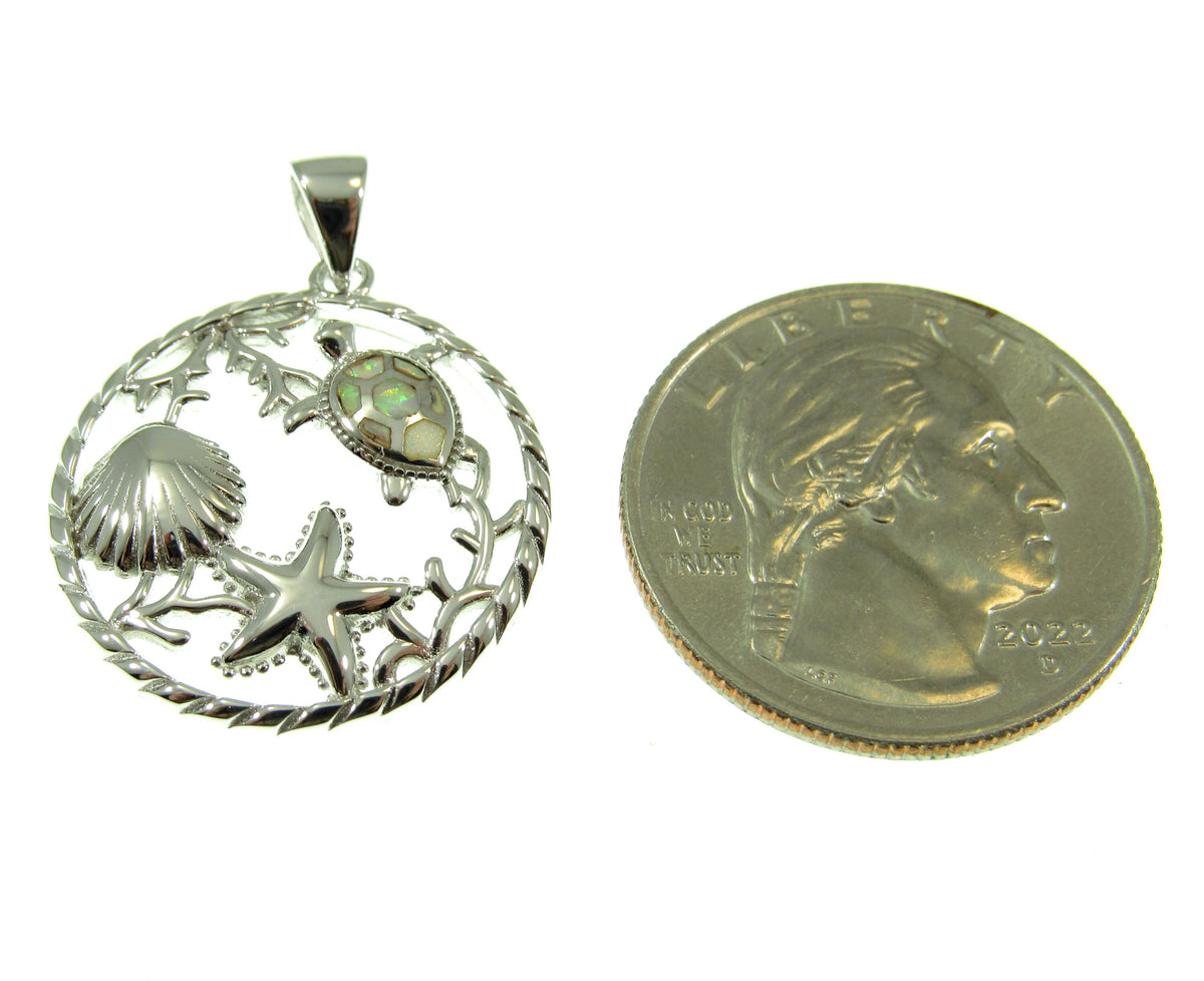 Sterling Silver Sea Life Pendant with Blue or White Lab Opal – Turtle, Starfish & Seashell Ocean Necklace Charm, Nautical Jewelry Gift