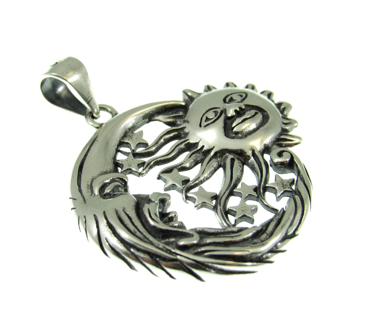 Solid 925 Sterling Silver Sun & Moon Pendant with Stars – Handcrafted Celestial Jewelry – Astrology Charm – Cosmic Sun Face Necklace Pendant