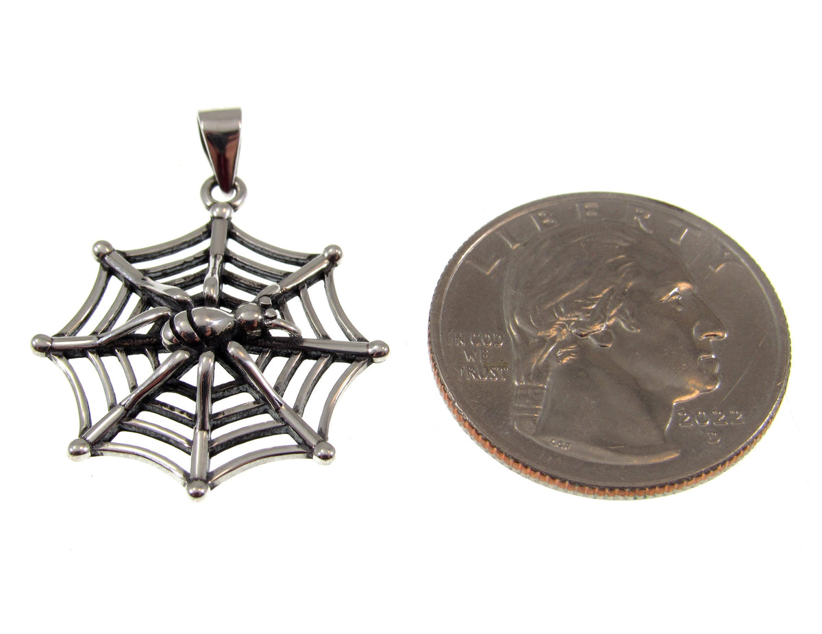Solid 925 Sterling Silver Spider on her Web Pendant, Gothic Spider Necklace Charm