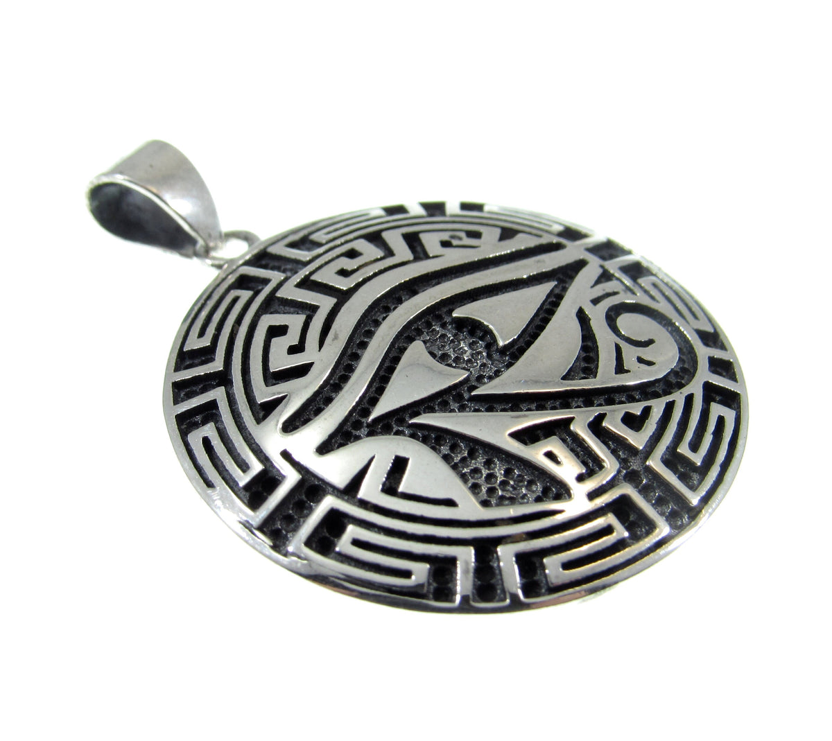 Solid 925 Sterling Silver Greek Key Pendant - Meander Amulet - Egyptian Eye of Horus Talisman - Esoteric Geometric Jewelry