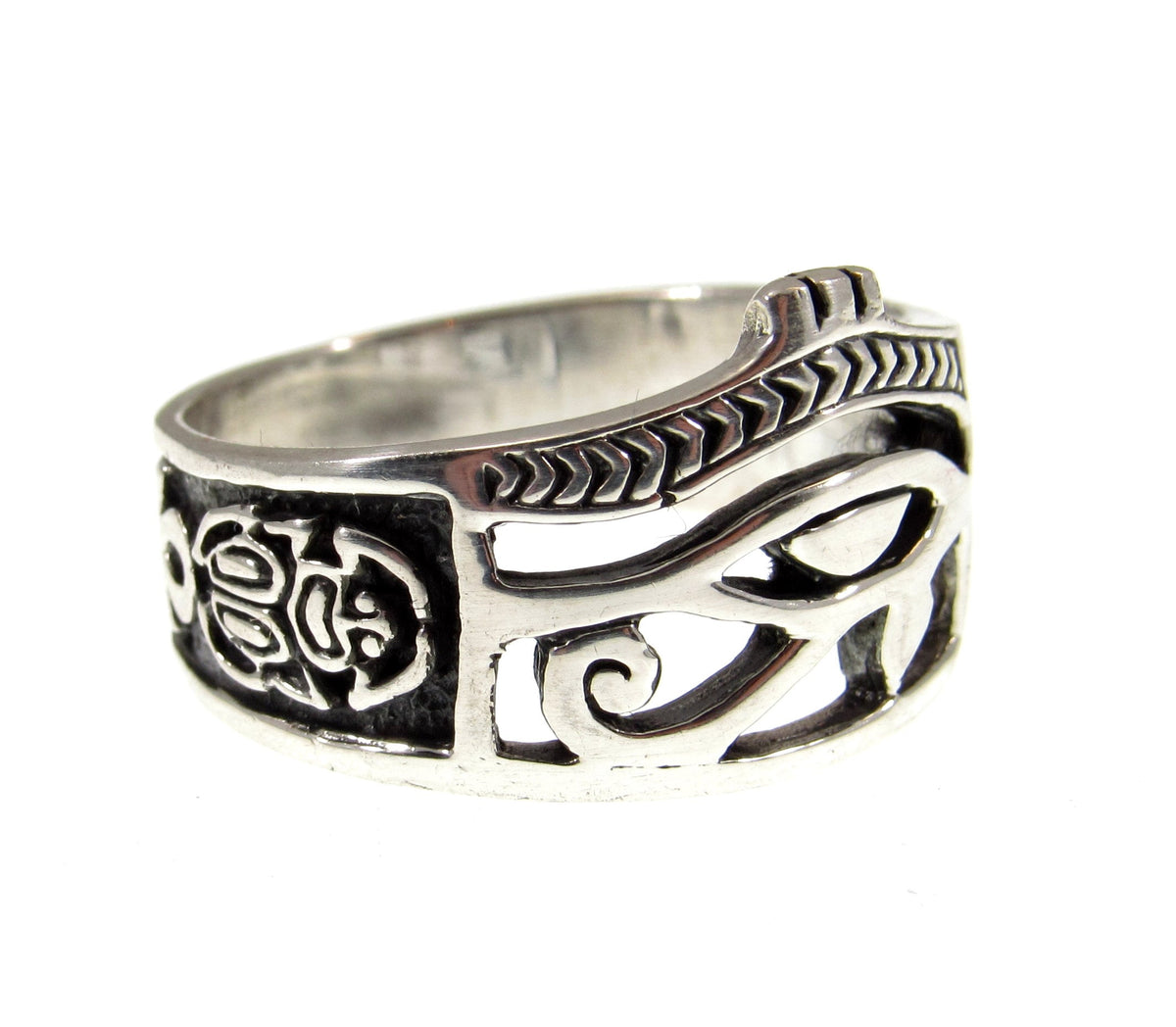 Solid 925 Sterling Silver Men's Eye of RA Ring, Handcrafted Egyptian Ankh & Scorpion Symbols Pendant on Nylon Cord, Sizes 10-14