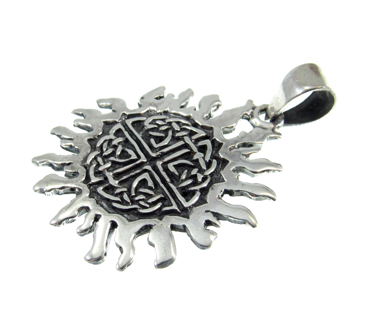 Solid 925 Sterling Silver Celtic Sun Pendant with Quaternary Knots & Solar Rays