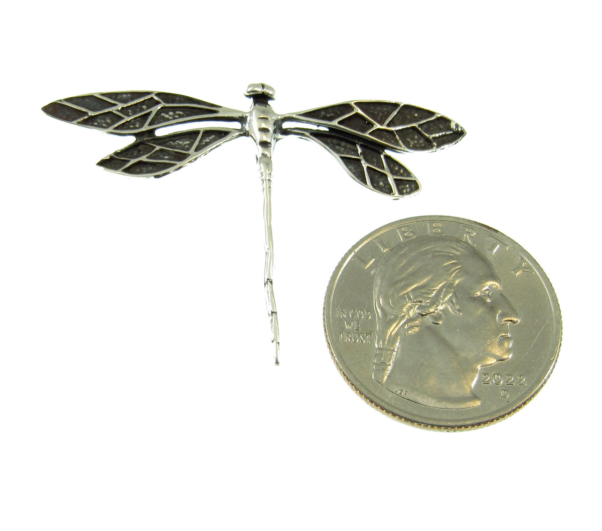 The sterling silver dragonly slide pendant measures 1 5/16 inches long and 1 7/8 inches wide. The bail measures 2.5mm wide.