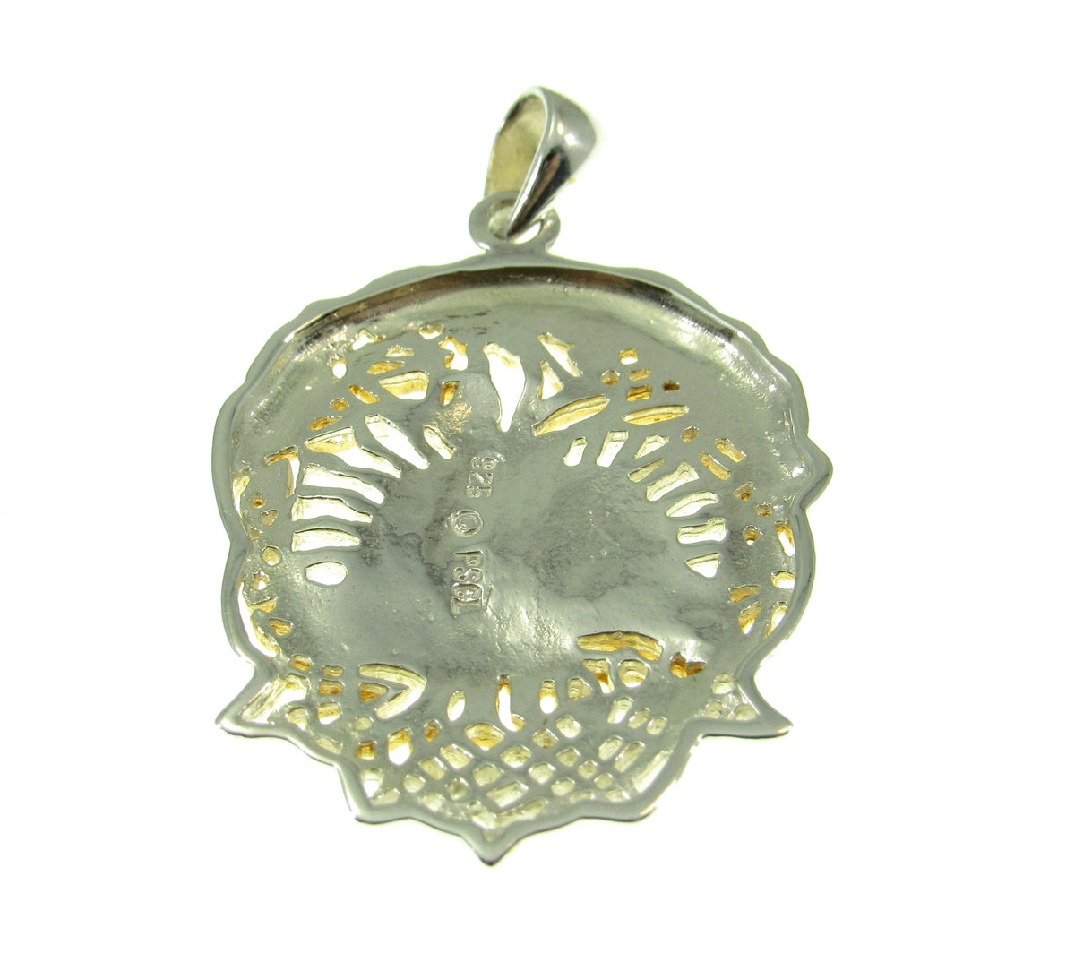 The sterling silver and 14k gold vermeil Celtic tree of life pendant is quality stamped 925 on the reverse and weighs 6.2 grams.