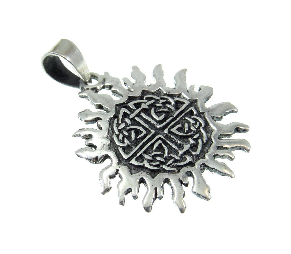 Solid 925 Sterling Silver Celtic Sun Pendant with Quaternary Knots & Solar Rays