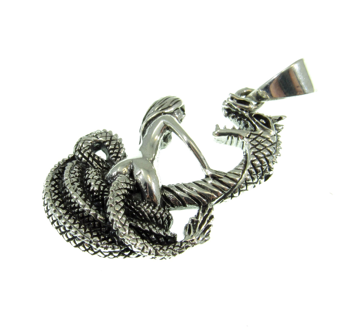 Solid 925 Sterling Silver Damsel in Distress Pendant, Woman & Mystical Serpent, Handcrafted Gothic Fantasy Jewelry, Lady and Snake Sculpture