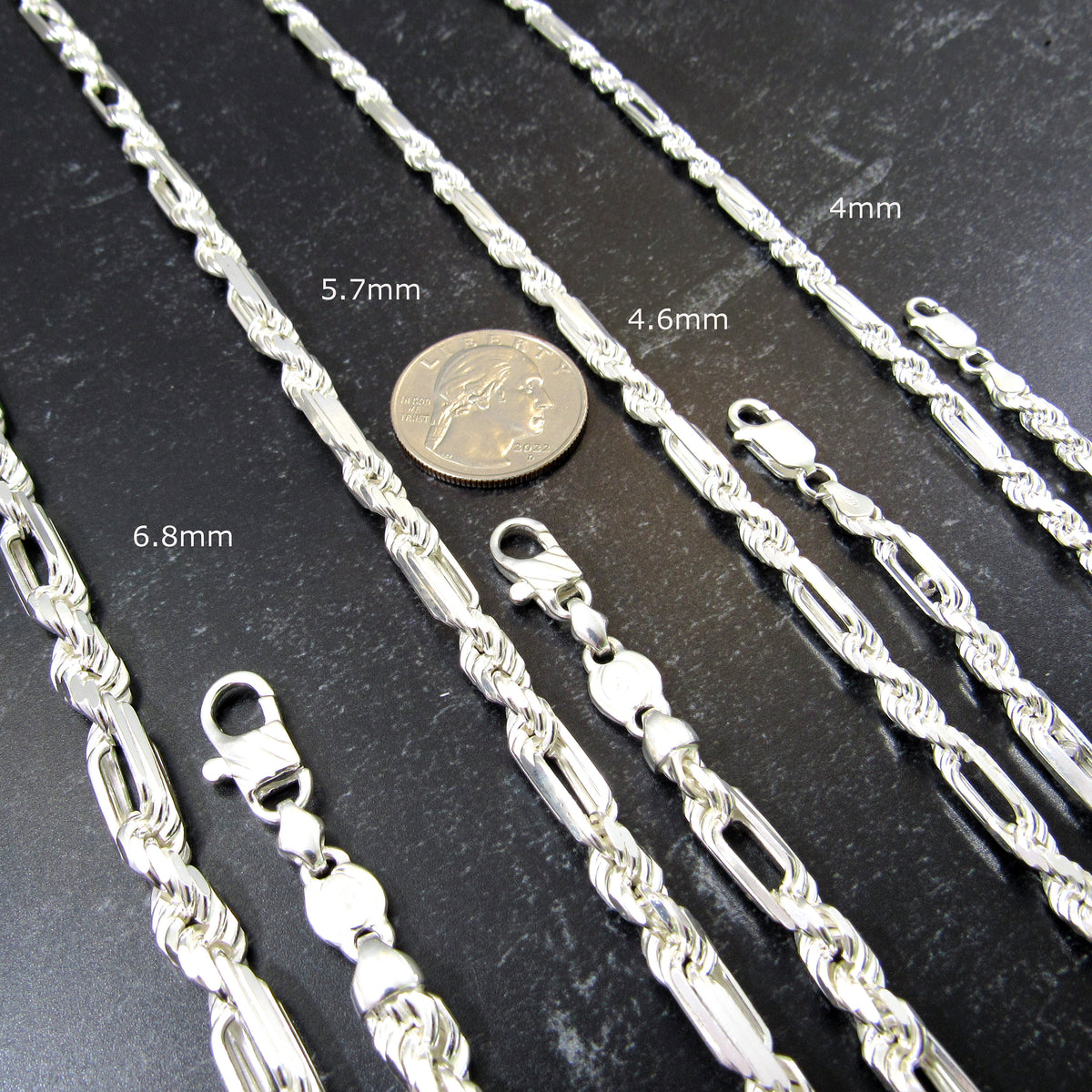 Solid 925 Sterling Silver Figarope / Milano Chain - Italian Figaro Link + Diamond Cut Rope Necklace for Men, 4mm-6.8mm, 7"-30"